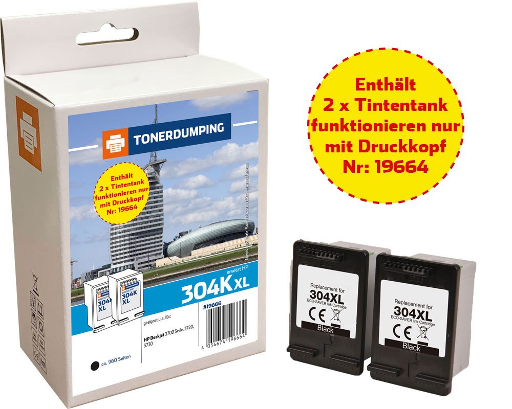 Ersatztank -OHNE ADAPTER - für ECOSAVER (18841 oder 19664) kompatibel zu HP 304XL/ N9K08AE: 2x XL-Tintentanks Schwarz [modell] - Marke: Tonerdumping